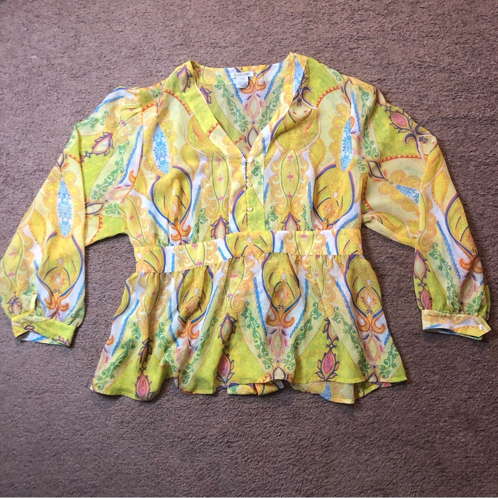 JG Hook Womans Blouse 22W Yellow Blue Polyester Paisley Back Tie Sheer V-neck